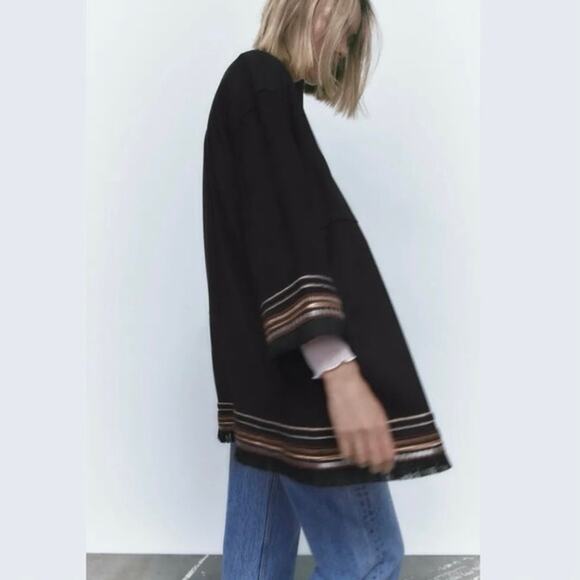 ZARA Women's L Combination Faux Suede Embroidered Jacket Boho Western Black - Picture 7 of 16